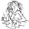 Cartoon of stressed-looking woman at a desk scattered with papers